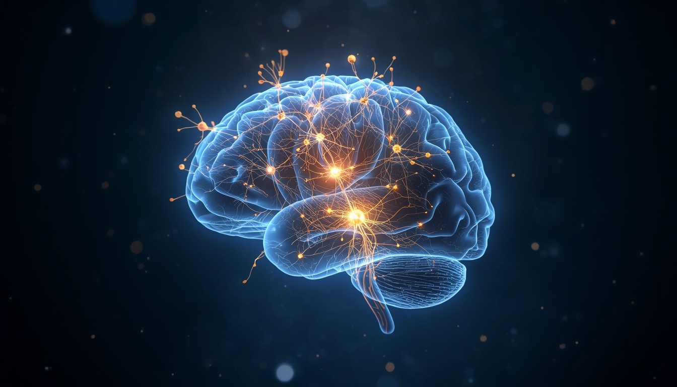 Glowing translucent brain with radiating light, symbolizing BDNF activity and neural growth