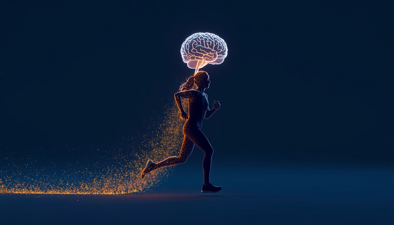 Glowing brain with dynamic light trails suggesting movement and increased neural activity from exercise