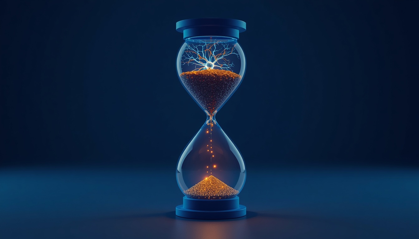 Glowing hourglass merging with a brain silhouette, symbolizing BDNF's decline and importance across the lifespan