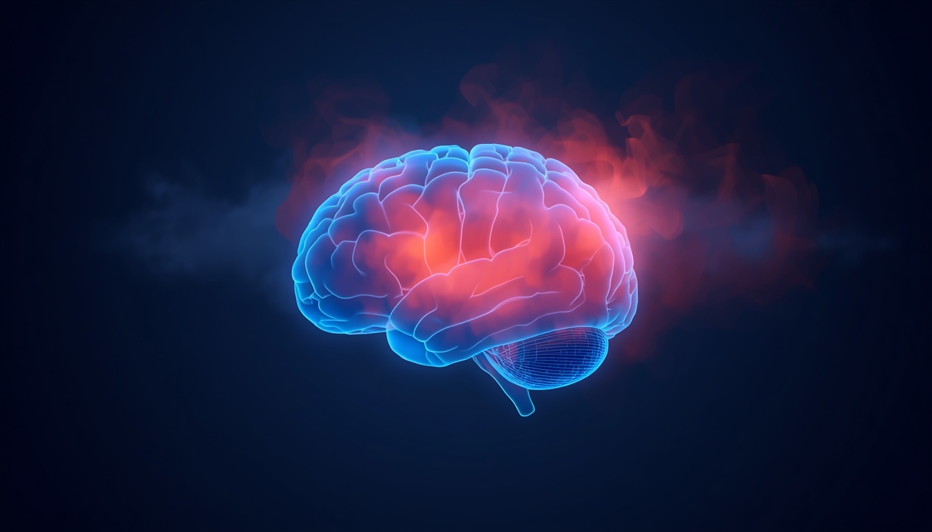 Glowing translucent brain with a hazy reddish-orange cloud swirling around it, symbolizing inflammation and mental fog