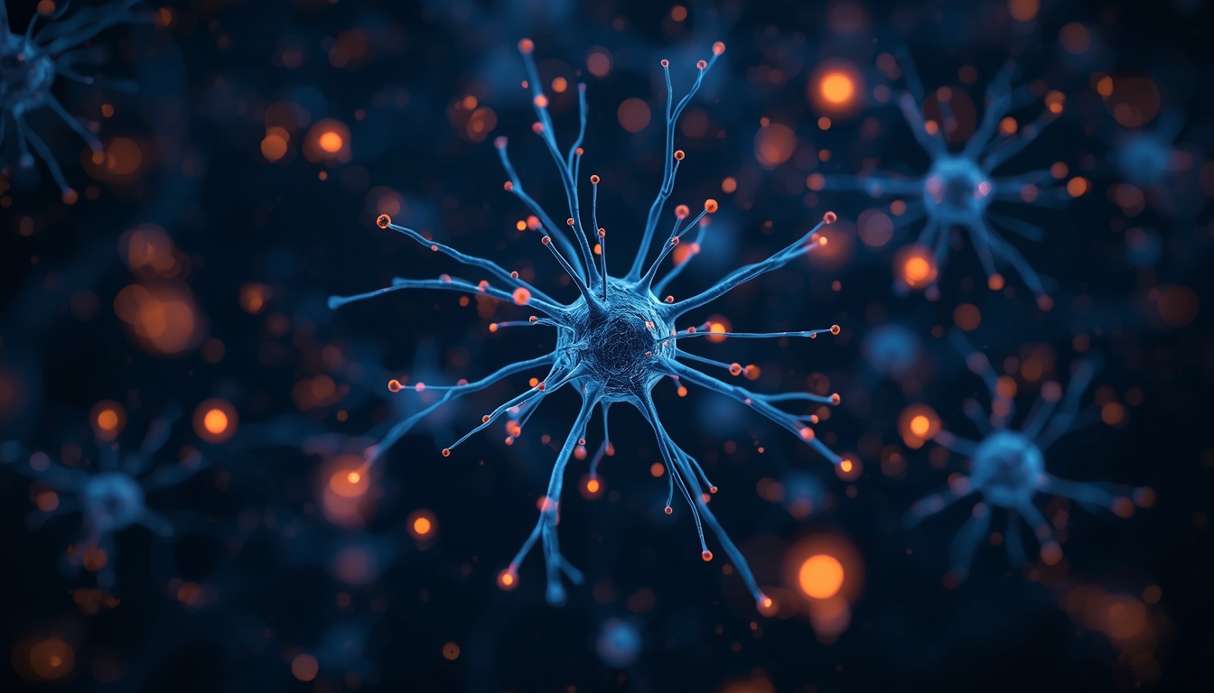 Tiny glowing orange spark-like cells releasing light particles around a network of blue neuron connections, symbolizing activated immune cells triggering inflammation