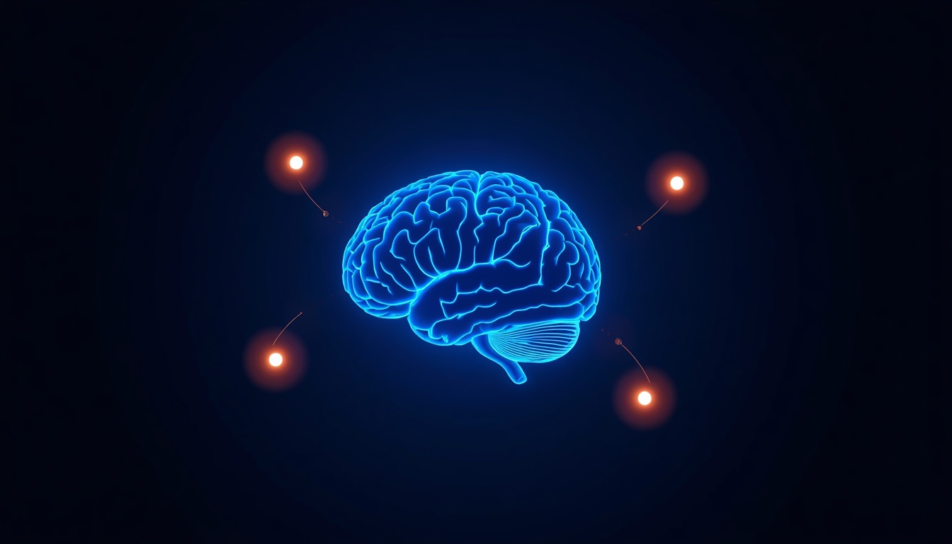 Glowing brain surrounded by three orbiting orbs of light representing stress, sleep, and hormones