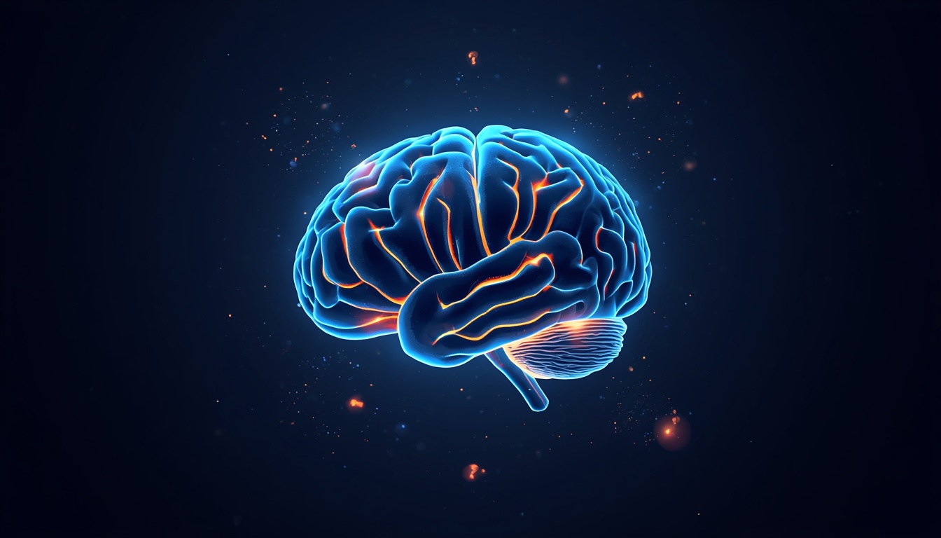 Mysterious glowing brain surrounded by light particles