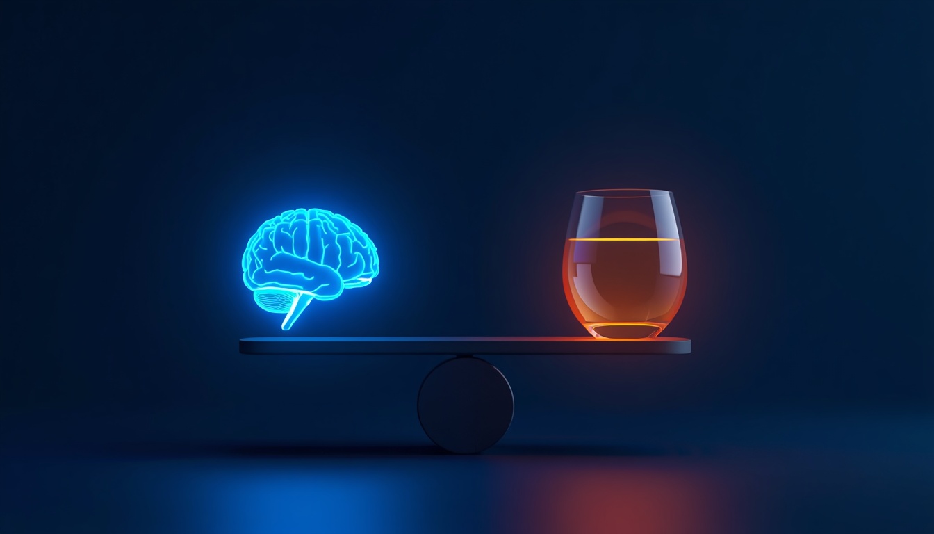 Glowing light-based balance scale with a brain silhouette on one side and a glass silhouette on the other, symbolizing conflicting health guidance