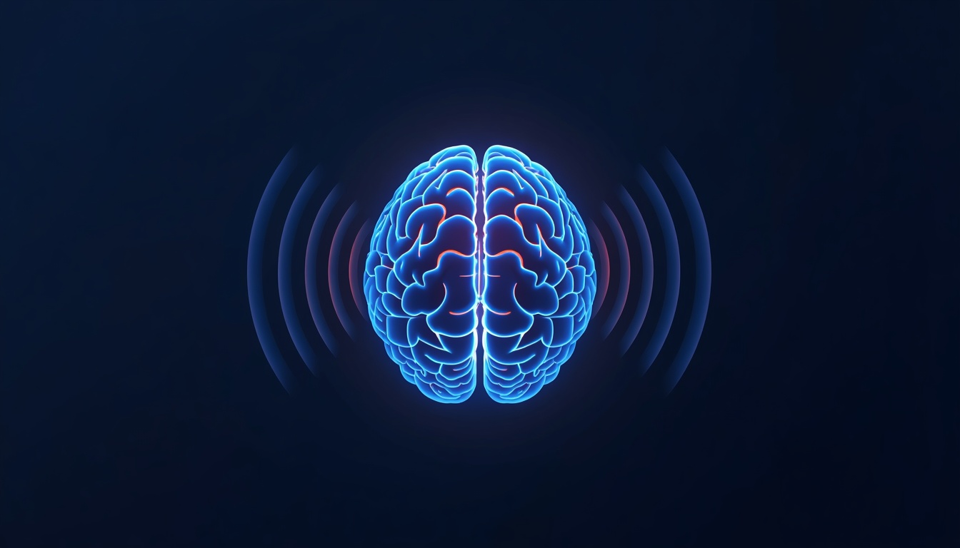 Glowing translucent brain with soft rippling sound wave rings emanating outward, symbolizing sound and brainwaves