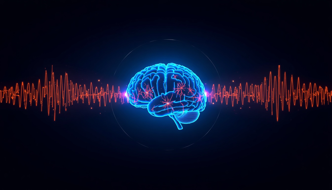 Glowing brain with rhythmic pulsing light waves flickering in synchronized patterns, symbolizing gamma frequency light and sound stimulation