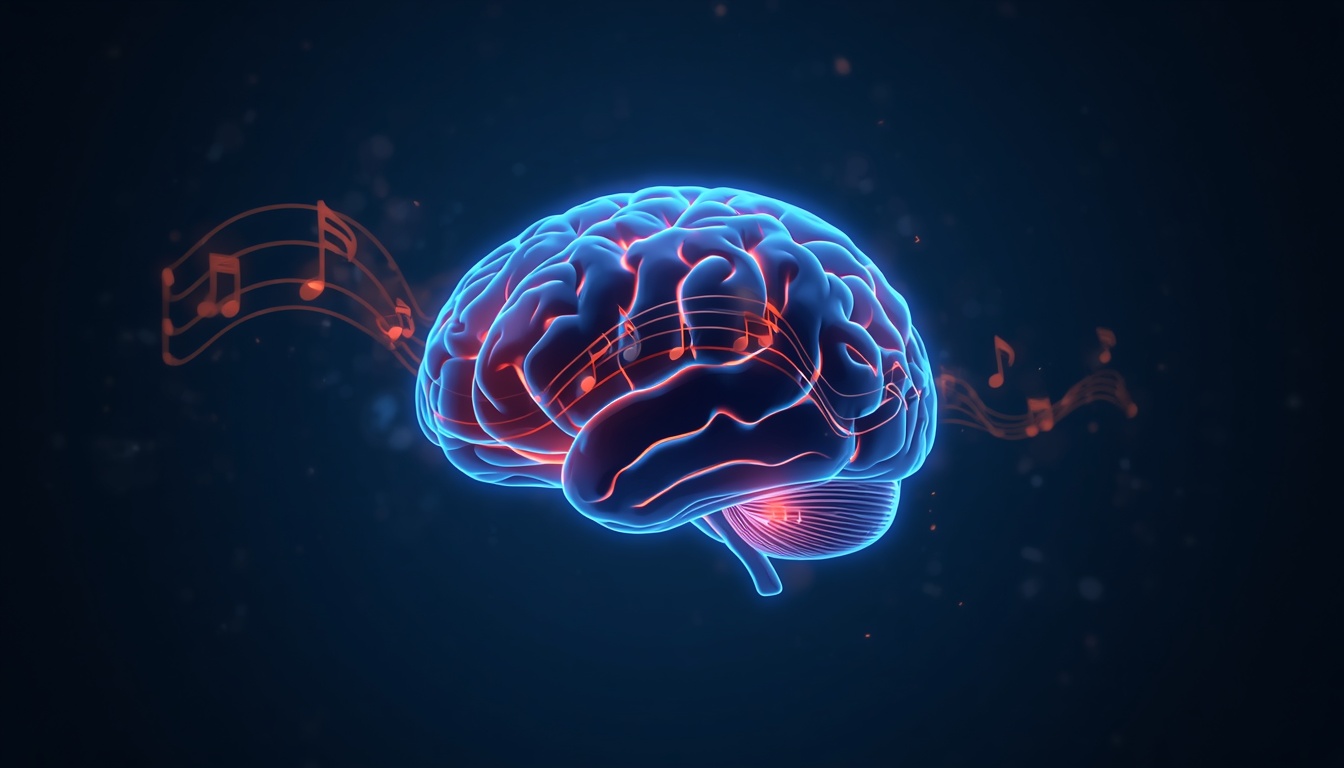 Glowing brain with soft flowing musical wave patterns and glowing musical note-like light particles, symbolizing music's effect on memory