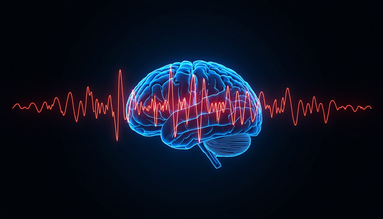 Glowing brain with sharp, jagged, dissonant sound wave lines cutting across it, symbolizing chronic noise pollution's effect on the brain