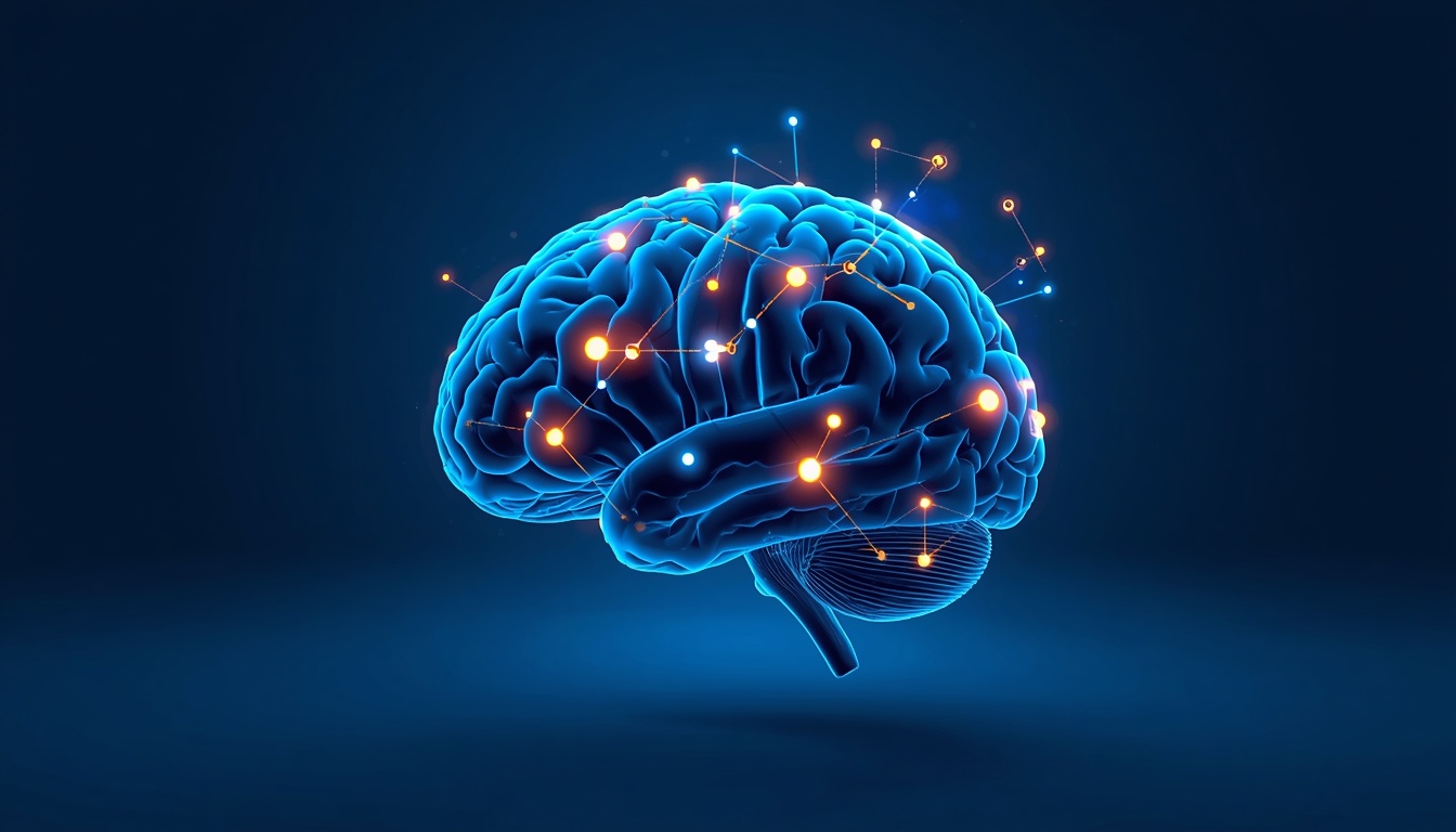 Brain with glowing data points representing new research