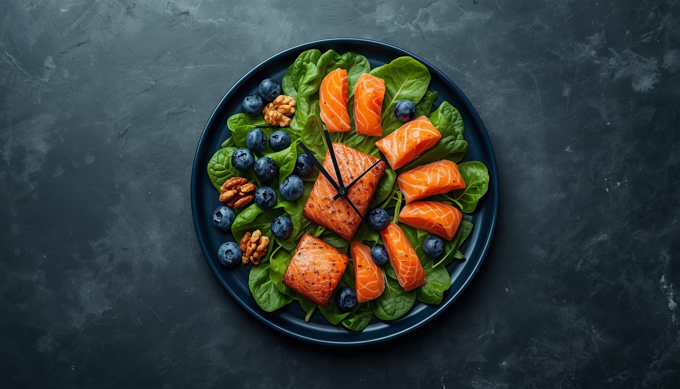 MIND diet plate with salmon, blueberries, spinach and walnuts arranged as a clock