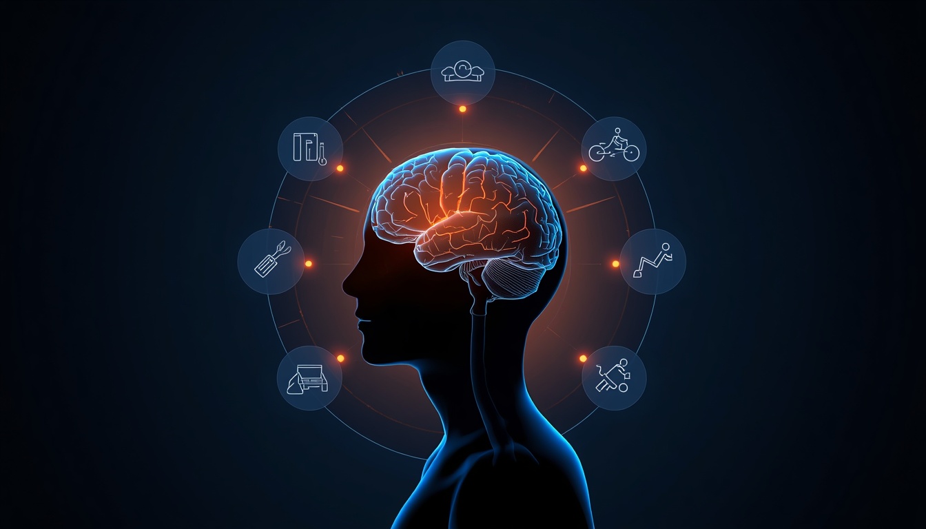 Person silhouette with glowing brain surrounded by sleep, food and exercise icons