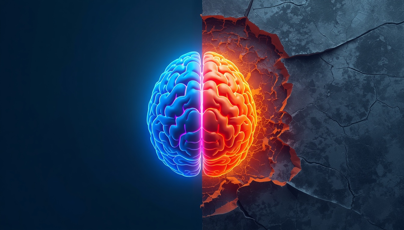 Split image of a healthy glowing brain versus a damaged cracked brain