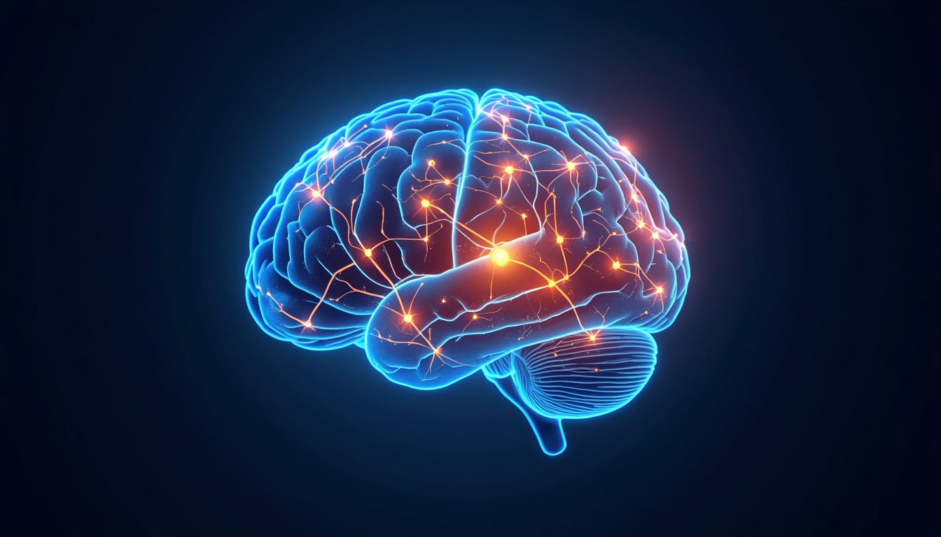 Aging brain illustration with golden light protecting neural pathways