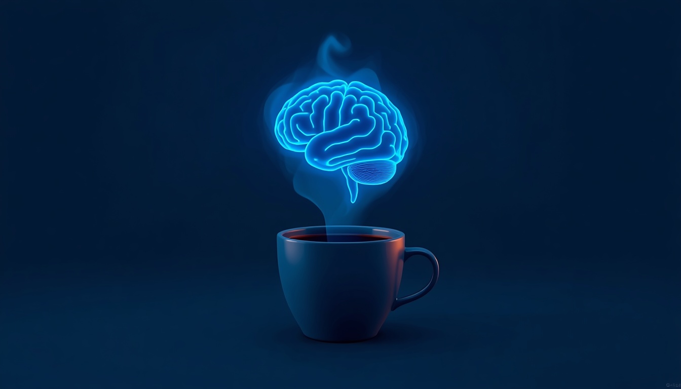 Cup of coffee with steam shaped like a glowing brain