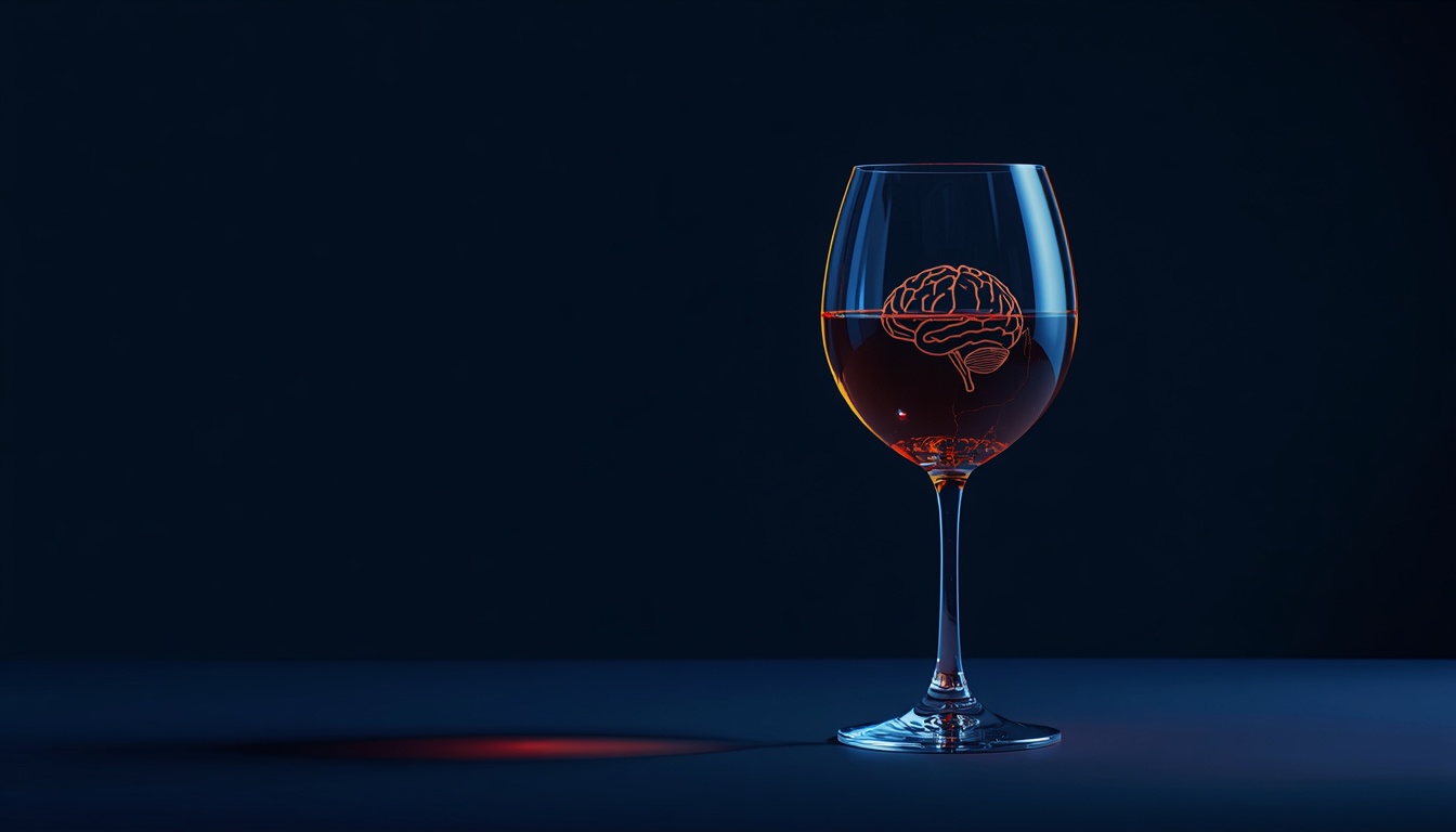 Wine glass with a brain outline reflected in the liquid