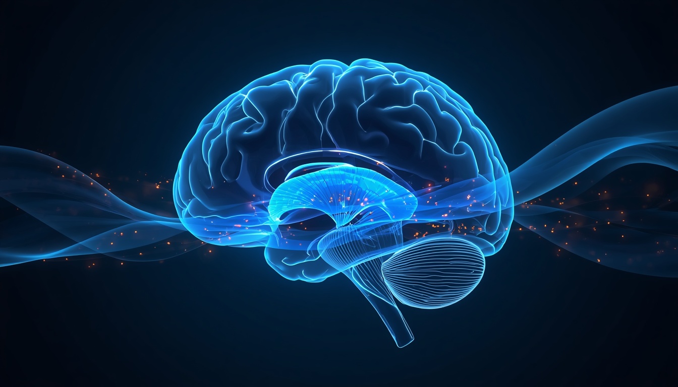 Glowing waves flowing through a translucent brain, symbolizing the glymphatic waste-clearance system