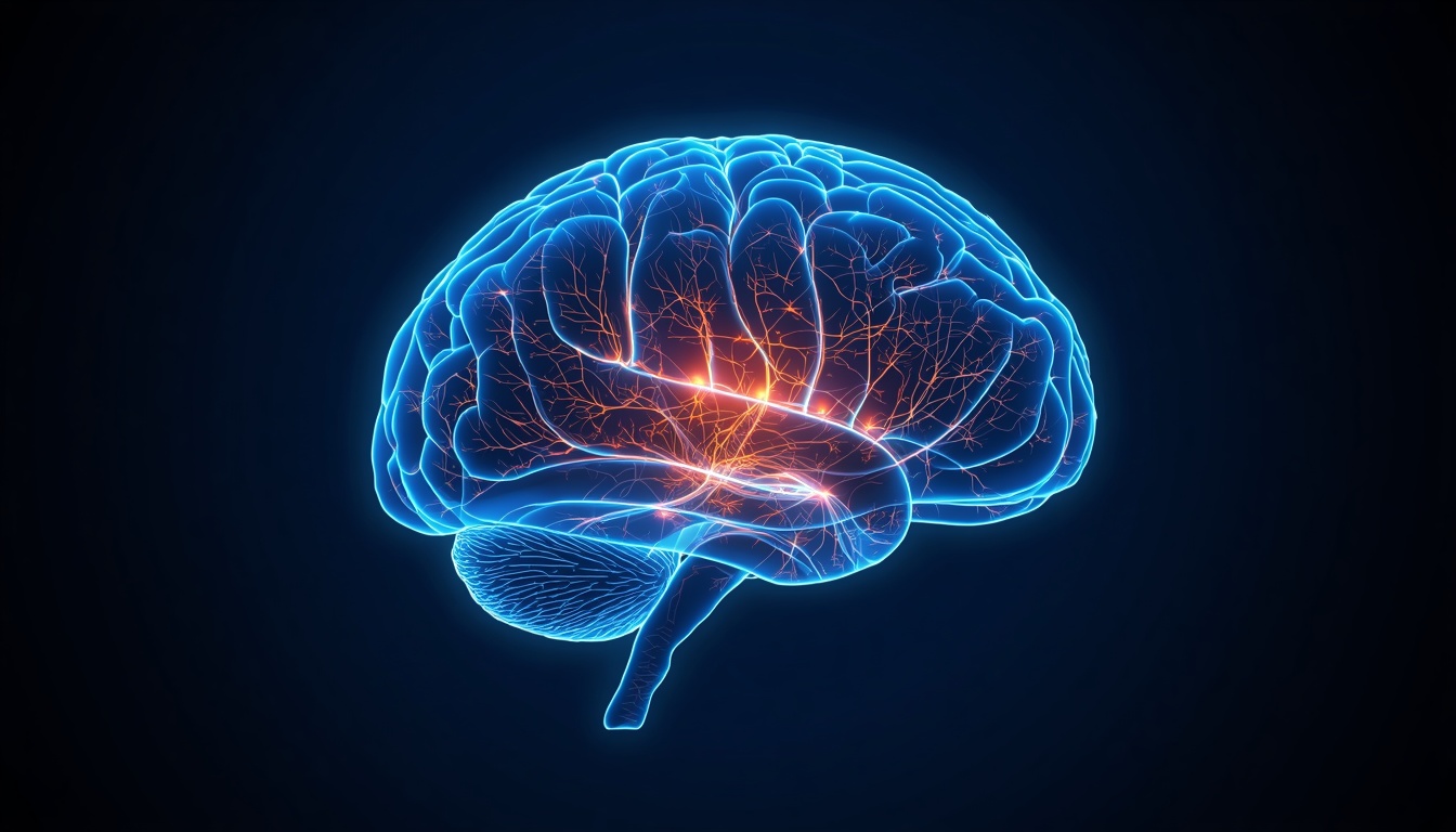 Glowing translucent human brain with neural pathways