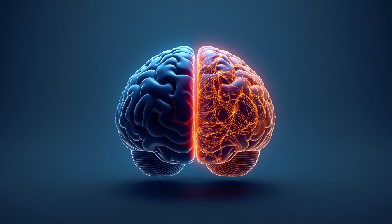 A brain split into two glowing patterns representing deep sleep and REM sleep