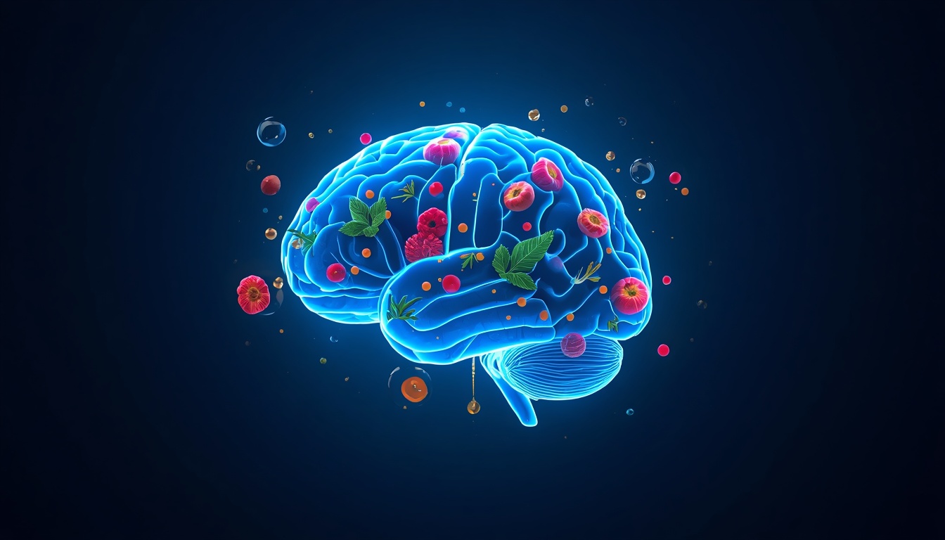 Glowing brain with fresh berries and leaves symbolizing brain food
