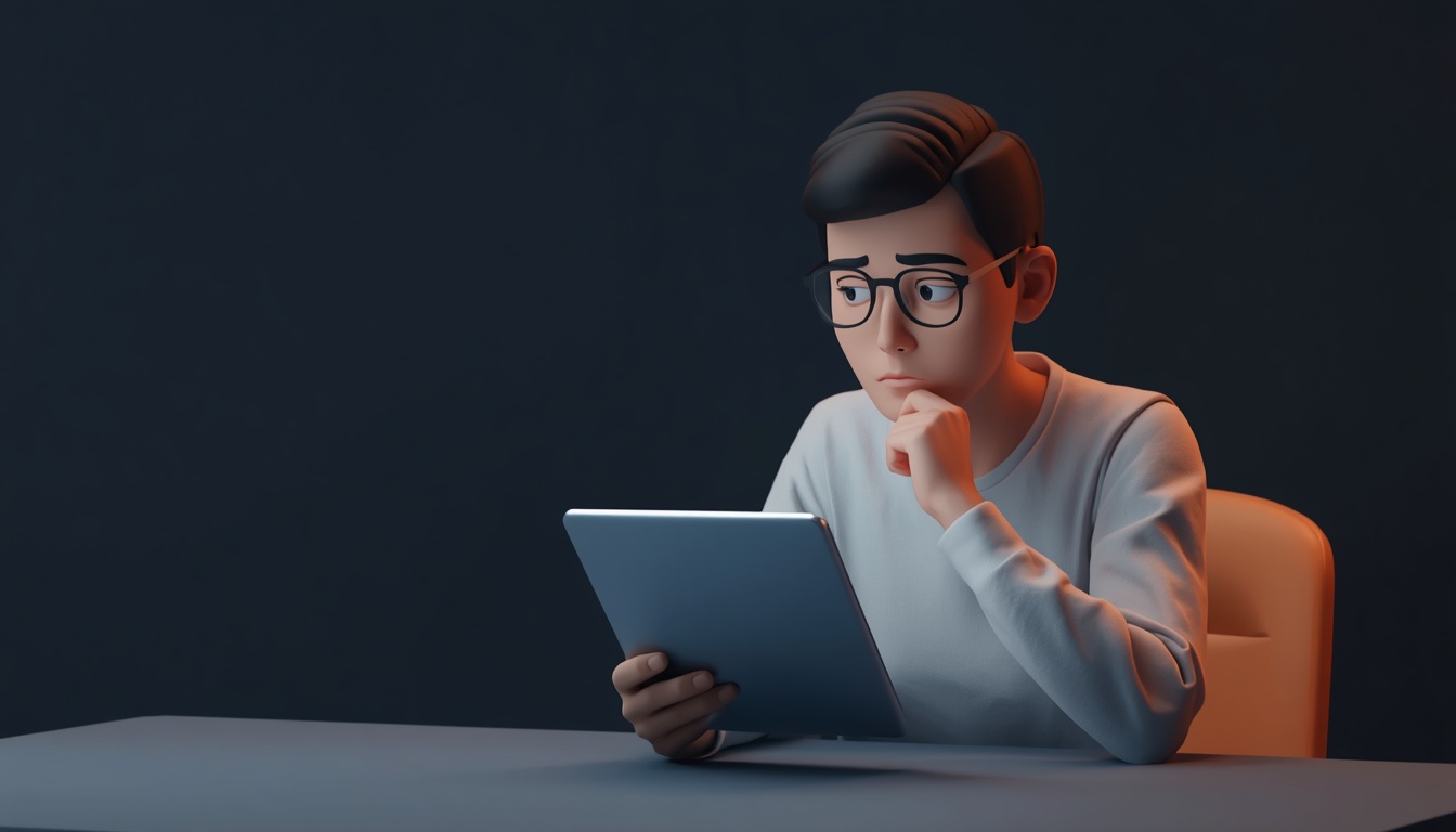 A person sitting at a table holding a tablet with a thoughtful, questioning expression, symbolizing healthy skepticism about brain training claims