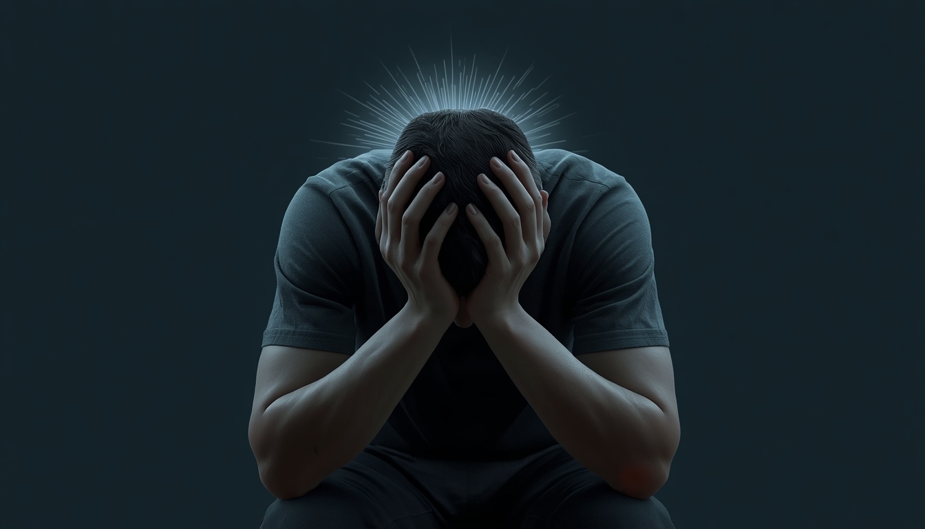 A person sitting with their face in their hands in a moment of exhaustion, with a faint fading brain silhouette behind their head, symbolizing chronic stress and memory decline