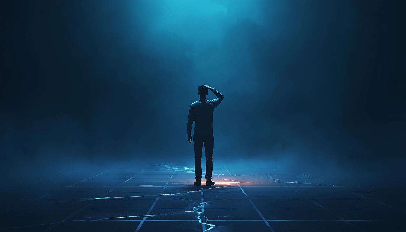 A person standing in an abstract foggy space with a hand raised to their forehead, and faint fading pathway lines on the ground, symbolizing disorientation caused by stress