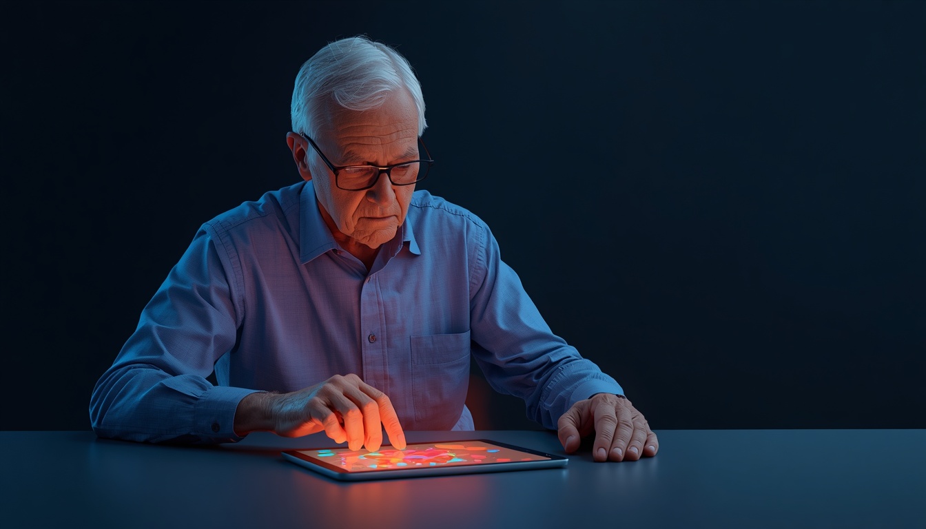 An older adult deeply focused on a tablet showing a glowing cognitive training pattern, with a faint translucent brain visible above the screen