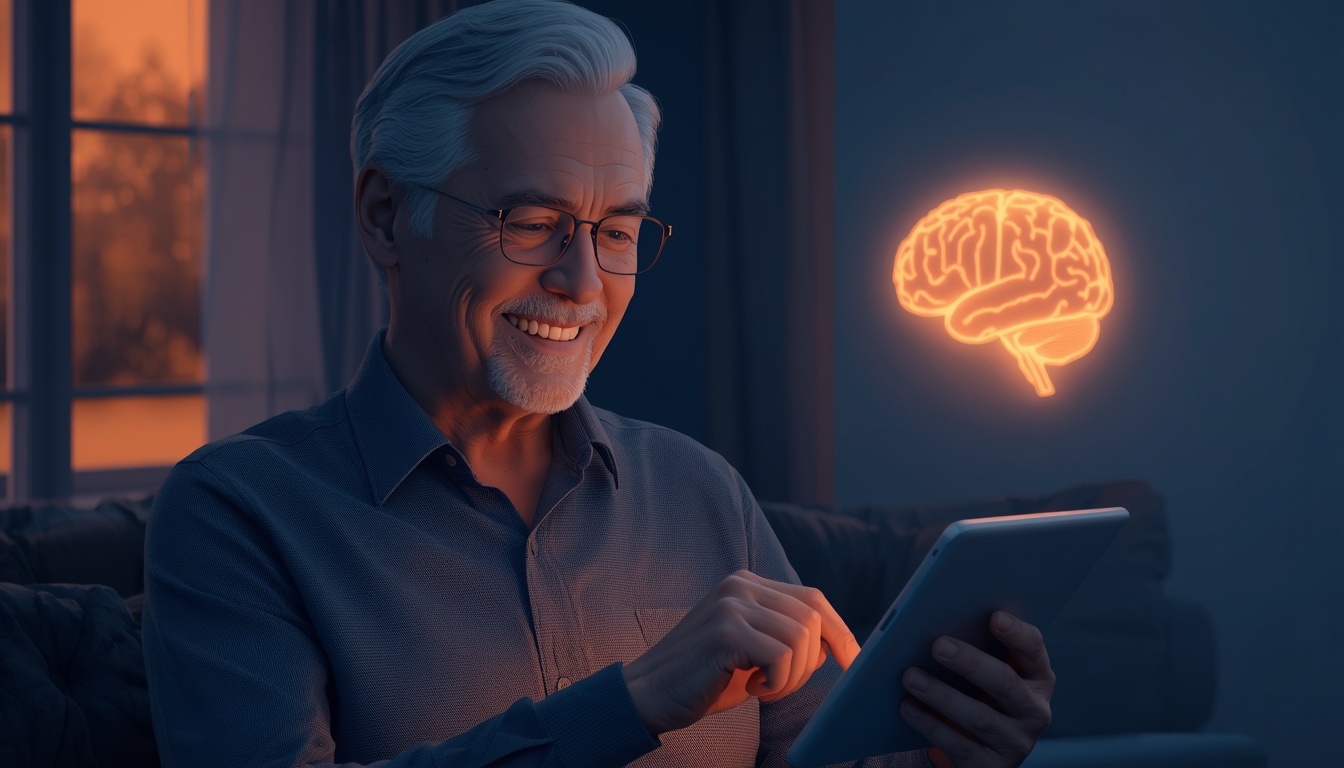 An older adult smiling with satisfaction while engaged in a tablet training session, symbolizing consistent practice paying off