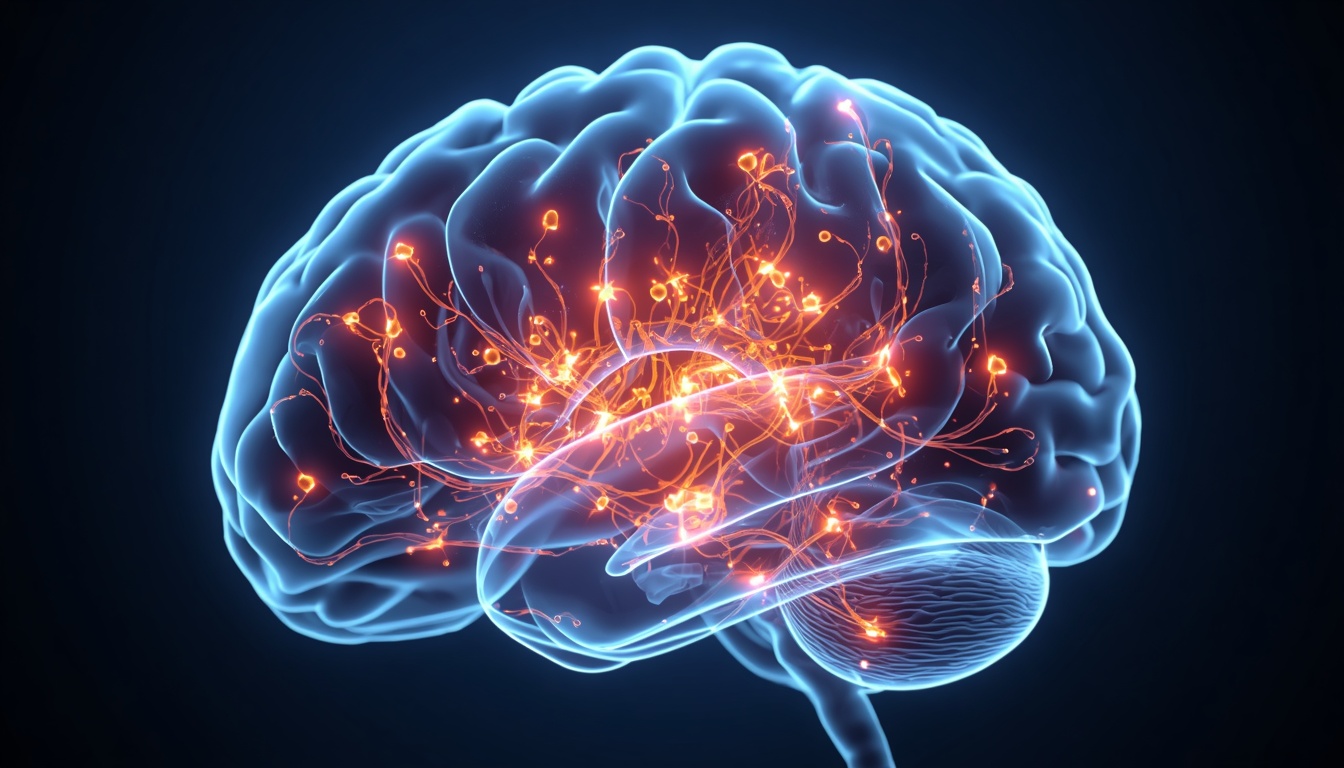 Close-up of a glowing translucent brain region with tangled plaque-like clusters being dissolved by bright orange enzyme-like particles