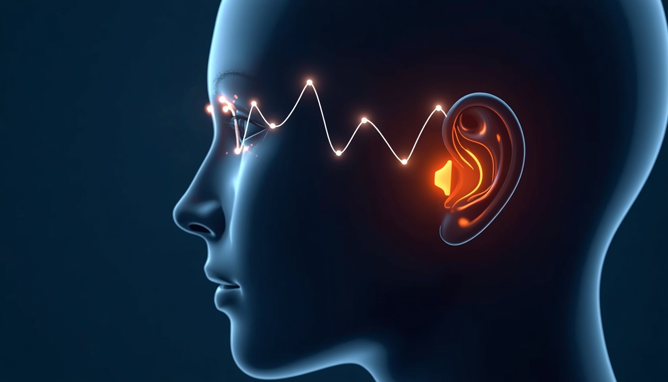 Close-up of a human head with glowing EEG electrode points connected by thin lines of light