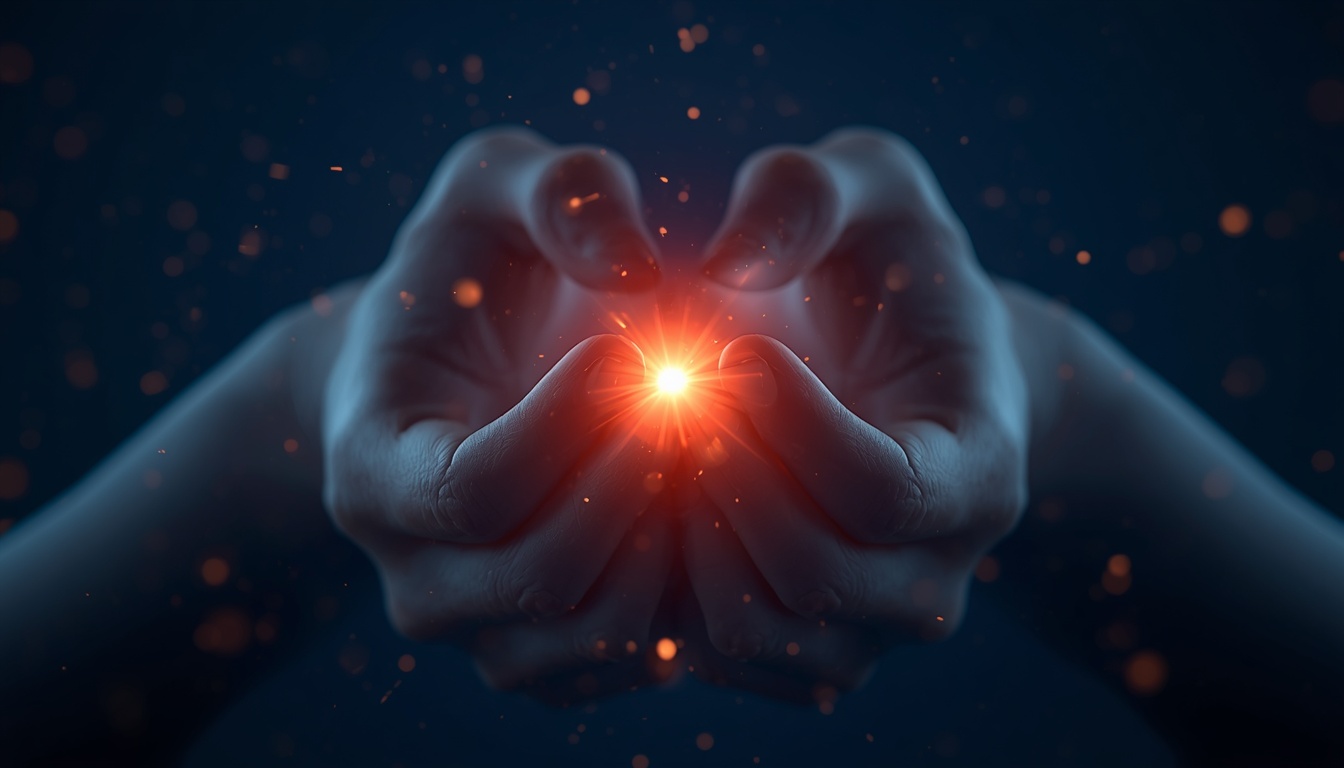 Close-up of clasped hands with a warm glowing burst of light, symbolizing a vivid emotional memory forming under stress