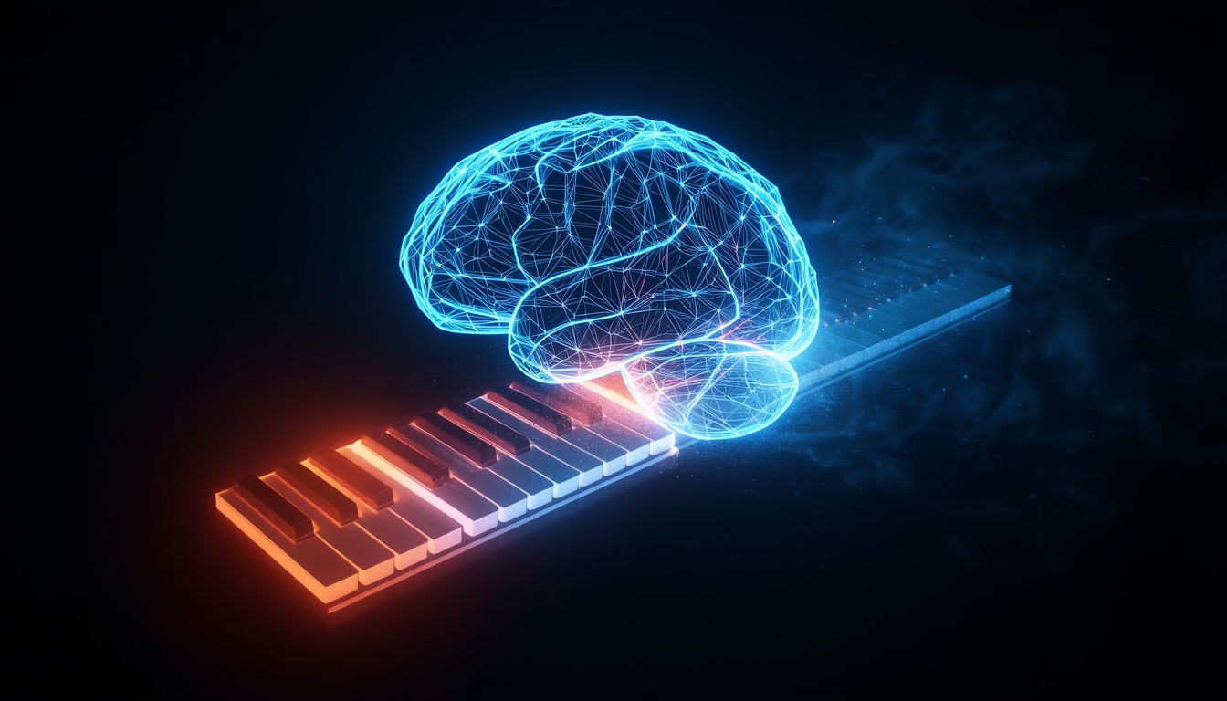 Glowing wireframe brain merging visually into piano keys made of light