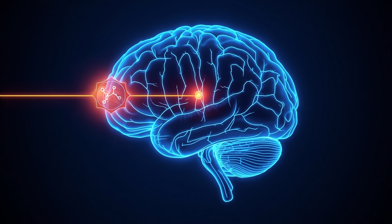 Glowing wireframe brain illustration with a connector line pointing to a molecular chain icon representing a GLP-1 drug pathway