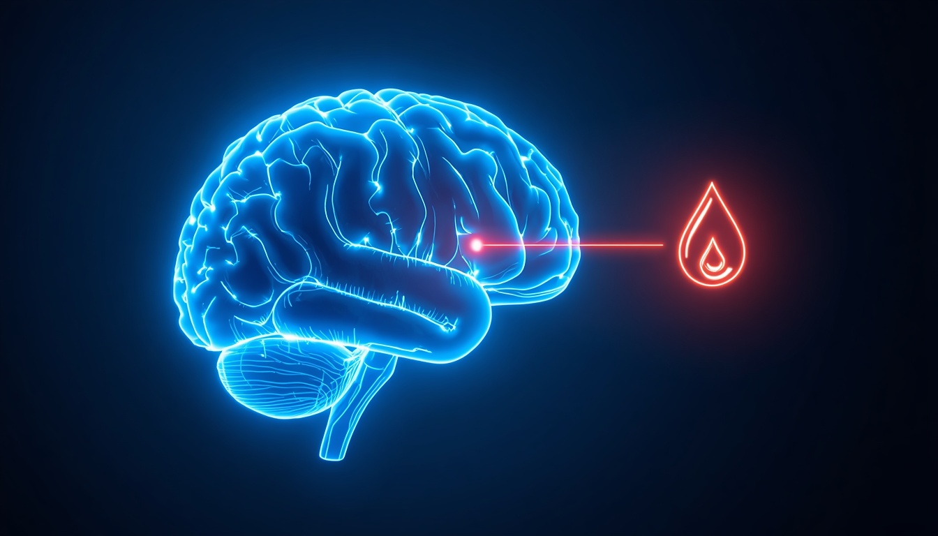 Glowing wireframe brain illustration with a connector line pointing to a blood droplet icon representing the new Alzheimer's blood test