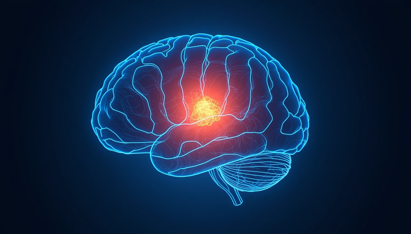 Glowing wireframe illustration of a human brain with a bright cluster near the hippocampus dissolving tangled plaque-like structures