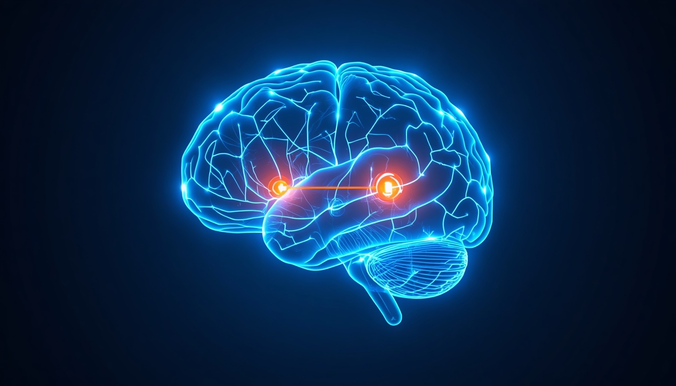 Glowing wireframe brain illustration with a connector line pointing to two small receptor icon badges representing SST1 and SST4