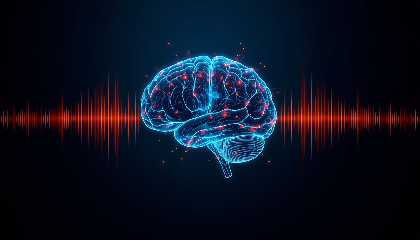 Glowing wireframe illustration of a human brain emitting soft sound waves radiating outward