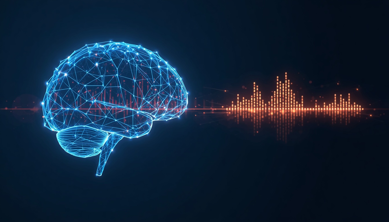 Glowing brain in profile connected to a musical waveform equalizer made of light
