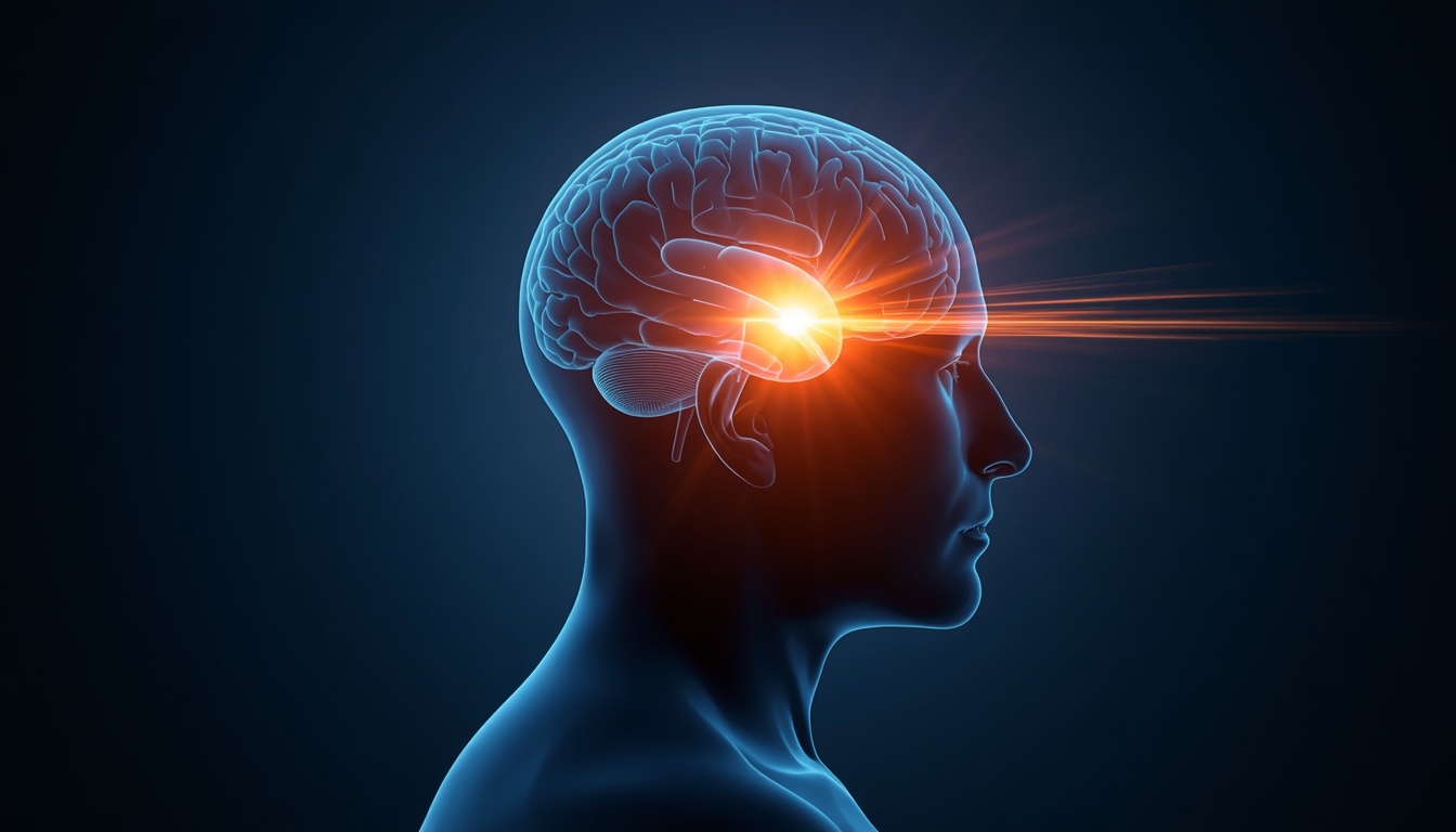 Side profile silhouette of an older adult's head with a glowing translucent brain and pulsing energy radiating from one bright region, symbolizing restored brain activity