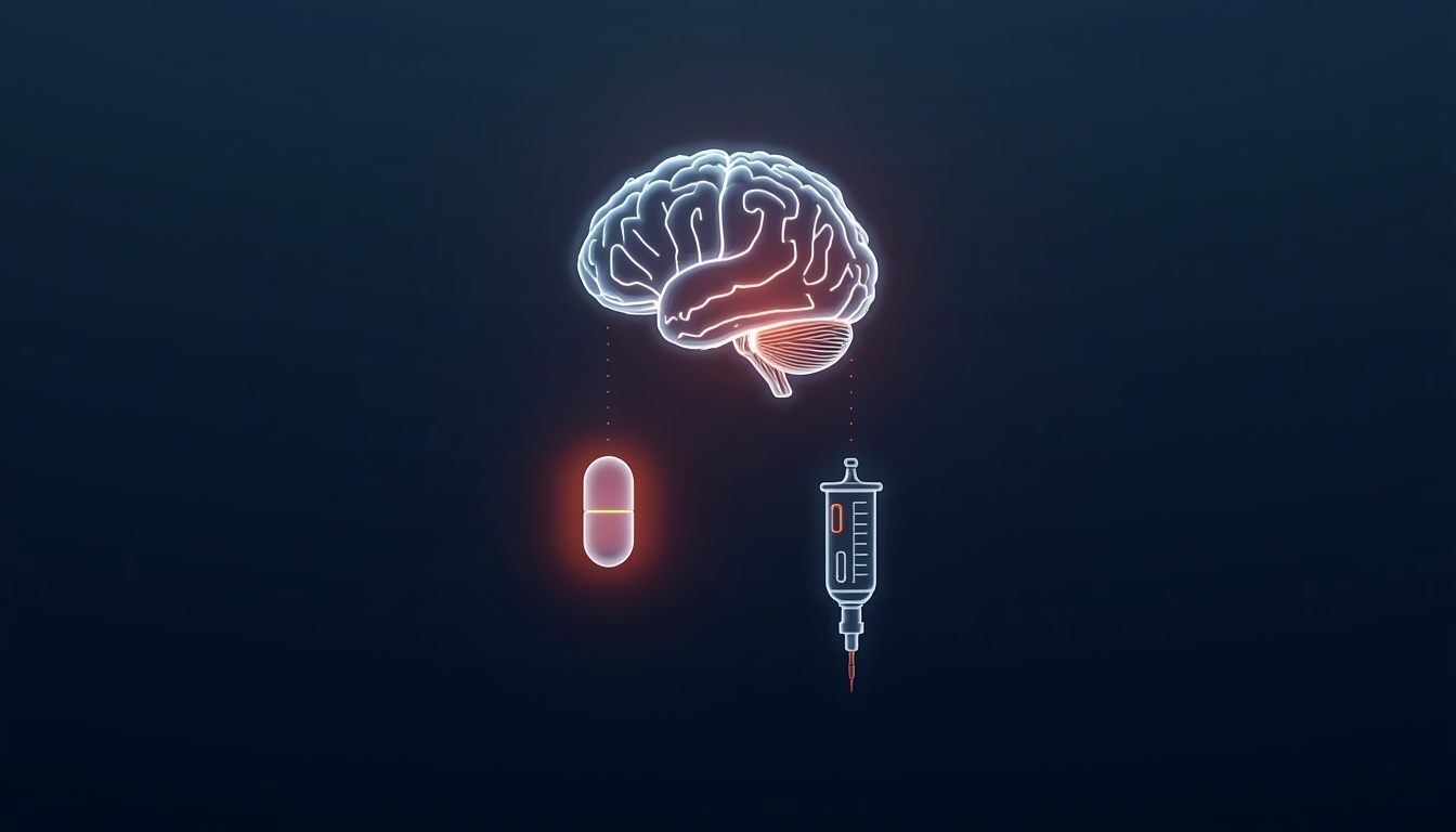 Two glowing icon badges side by side, one shaped like a pill capsule and one shaped like an IV infusion drip, connected to a brain above them